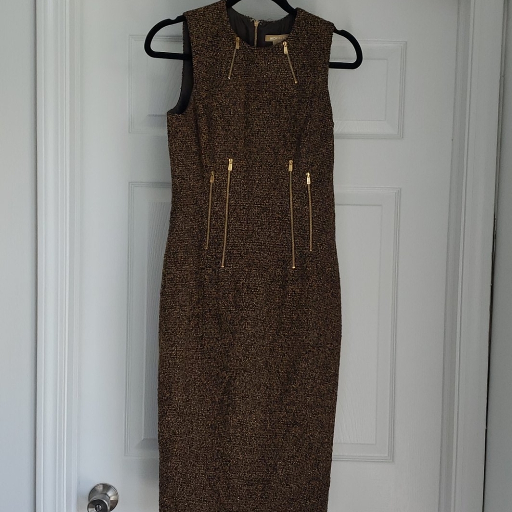 Michael Kors Brown Tweed Midi Dress with Gold Zipper Accents - Picture 1 of 7